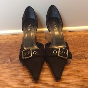 Black suede pump with buckle detail